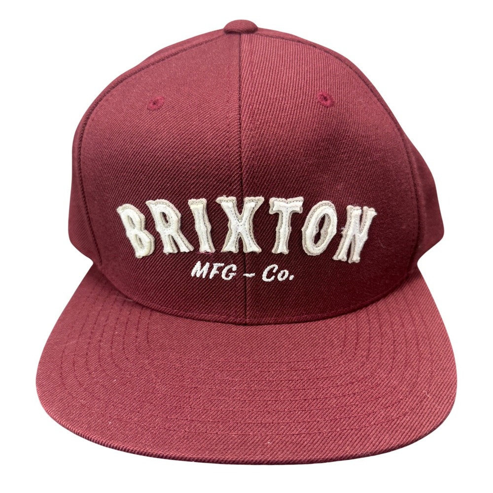 Brixton Snapback‎ Hat Mens OSFA Burgundy White Embroidered MFG Co. Flat Brim Cap